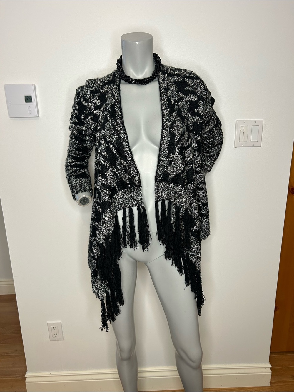 Black & White Fringe Open-Front Knit Cardigan